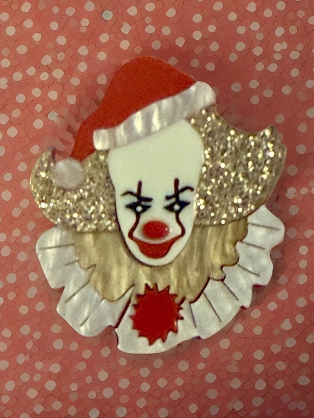 Crazy Clown Face Pin in Red, Gold, White Vintage Style Brooch